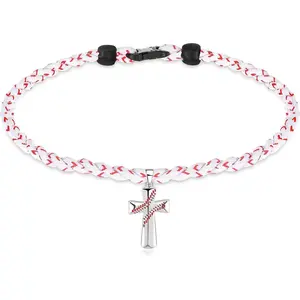 KF5-NKL01       2 Rope Baseball Cross Necklace Boys Baseball Titanium Necklace Stainless Steel Cross Pendant Sports Braided Tornado Baseball Necklace Gifts for Men Kids, 20 Inches