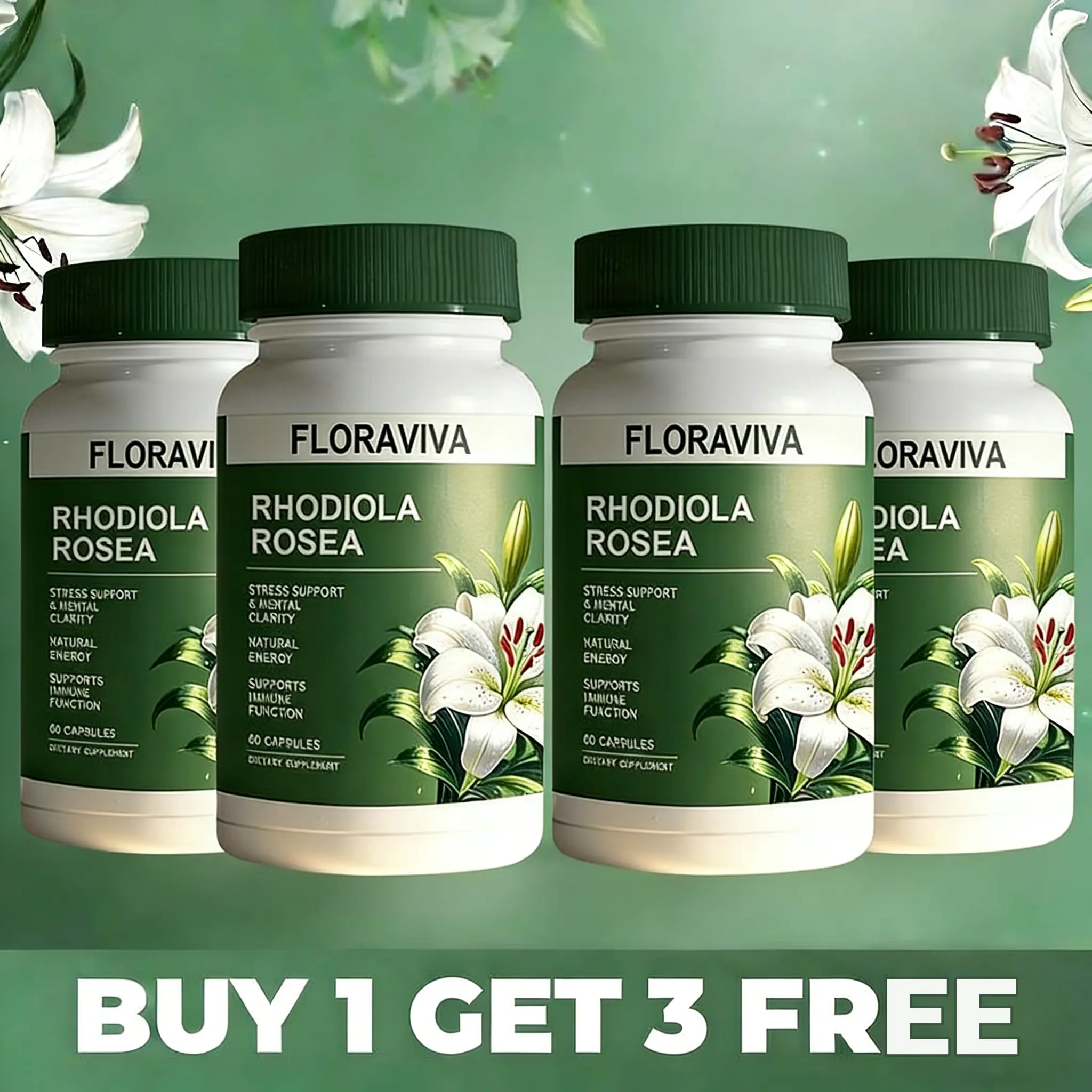 [BUY 1 GET 3 FREE] 4 Bottles 500mg Rhodiola Rosea Extract Adaptogen Capsules - Herbal Dietary Supplement with Naturals Vitamins, Stress Response, Focus, Multi-Dose & Energy Support, Stress Response Supplement, Focus Vitamins Supplements