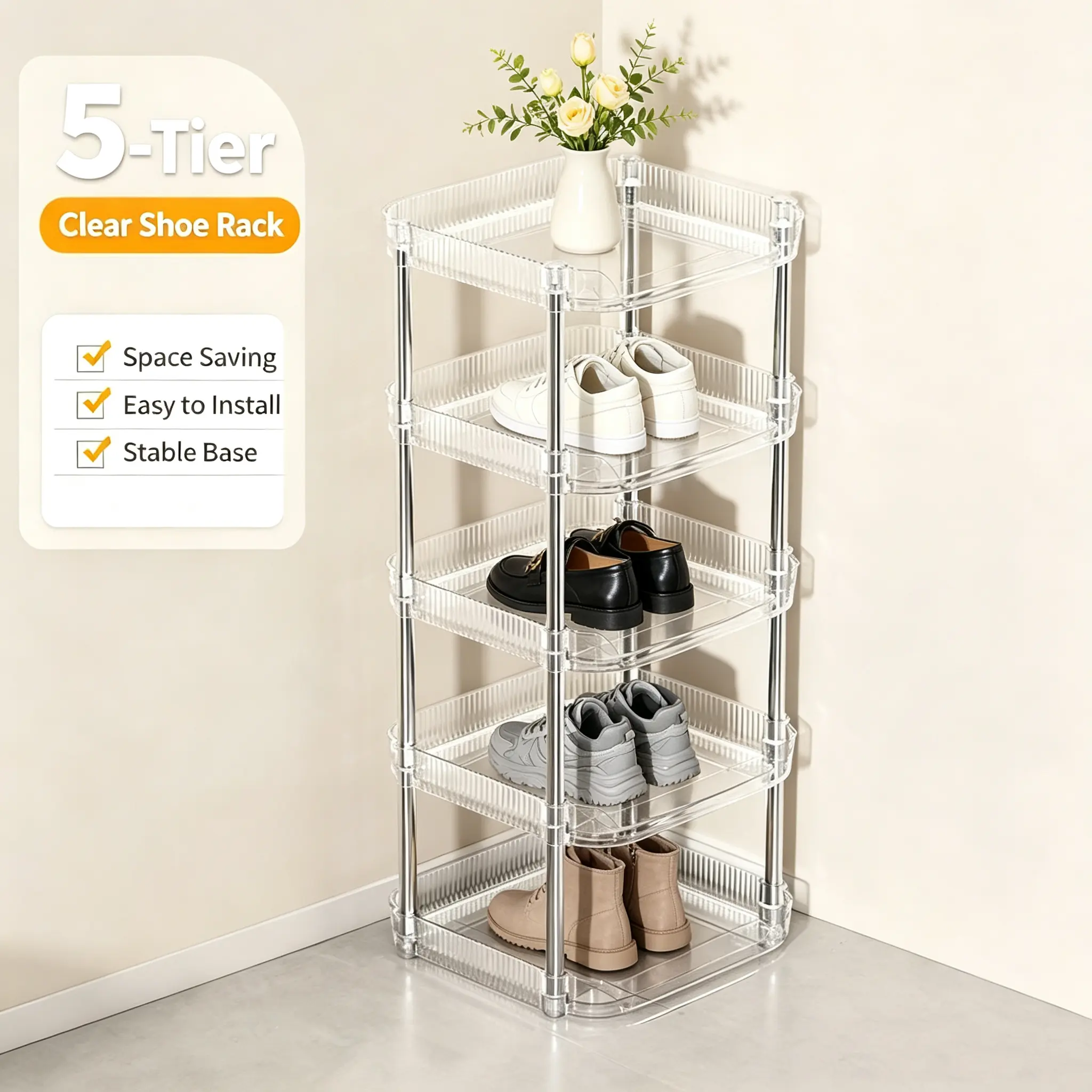 5-Tier Clear  Shoe Rack,Stainless Steel Support Transparent Shoe Organizer,Slim Vertical Space Saving Shoe Shelf,Easy Assembly Freestanding Storage Shelf for Entryway Bedroom Bathroom Sundry Display Organizer