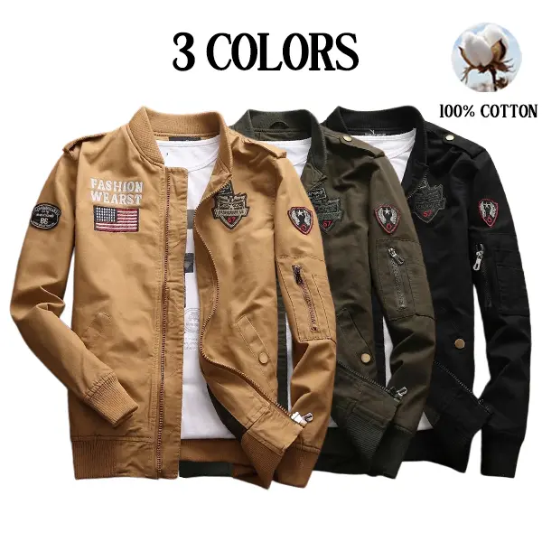 Men's Pure Cotton Workwear Baseball Collar Jacket with Patch Embroidery, Multiple Pockets, Ribbed Cuffs, Spring/Autumn Outerwear