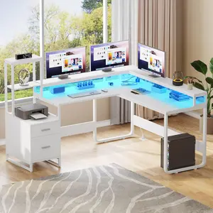 L Shaped Desk with Power Outlets & Hutch, Computer Desk with Drawers & LED Lights, Reversible Corner Office Desk with Printer Stand for Home Office, White