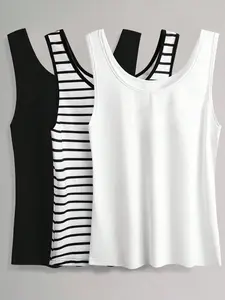 Plus Size Women's Striped & Solid Color Sleeveless Top, Round Neck Casual Everyday Minimalist Slim-Fitting Fitted Summer Wear, Short Daily Commute Blouse for Arms Out Womenswear, Casual Sleeveless Crop