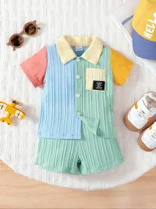 Boys' & Girls' Summer Set, Casual Colorblock Short Sleeve Shirt & Shorts, Kids Clothing for Outdoor Daily Wear, Clothes Kids