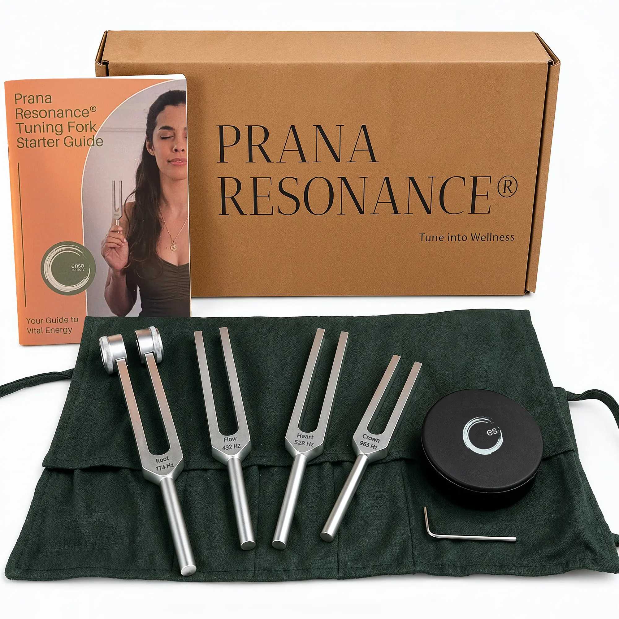 Prana Resonance Tuning Forks for Sound Healing - Daily Nervous System Reset for Overstimulated Days, Stress & Burnout - Root to Crown Chakra 174/432/528/963 Hz Solfeggio Frequencies, Puck Activator & Beginner Guide, For Meditation, Reiki & Yoga