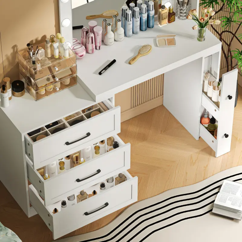 (High end and high-quality)55.2" Vanity Desk with Freely Adjustable Side Cabinet, Makeup Vanity with Hollywood Lights, 5 Storage Drawers & 2-shelves, Modern Dressing Table, White