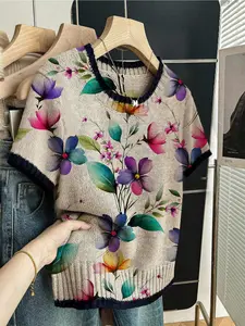 Spring Summer Elegant Women's Colorful Floral Pattern Contrast Print Round Neck Sweater Pullover, Casual Short Sleeve Knit Top, Breathable Daily Wear, Womenswear Knitwear, Knitwear Tops
