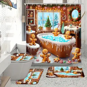 Christmas Gingerbread Man Bathtub Curtain Set, Shower Curtain, Non-Slip Mat, U-Shaped Rug, Toilet Lid Cover, Perfect Bathroom Decor, Includes 12 Hooks