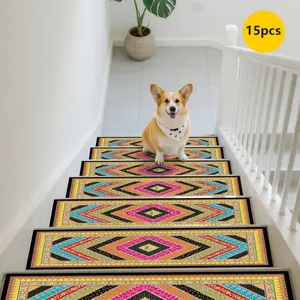 15pcs of Colorful Striped Geometric Patterned Stair Mats, Non-Slip Stair Carpets, Protective Step Carpets, Bordered Stair Mats for Home Decoration, Suitable for Indoor/Outdoor Stairs, Wooden Or Hard Surfaces