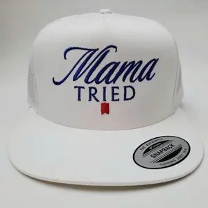 Mama Tried Trucker Mesh Snapback Hat – White Embroidered Flat Bill Cap, Adjustable Snapback Closure, Classic Retro Streetwear Style