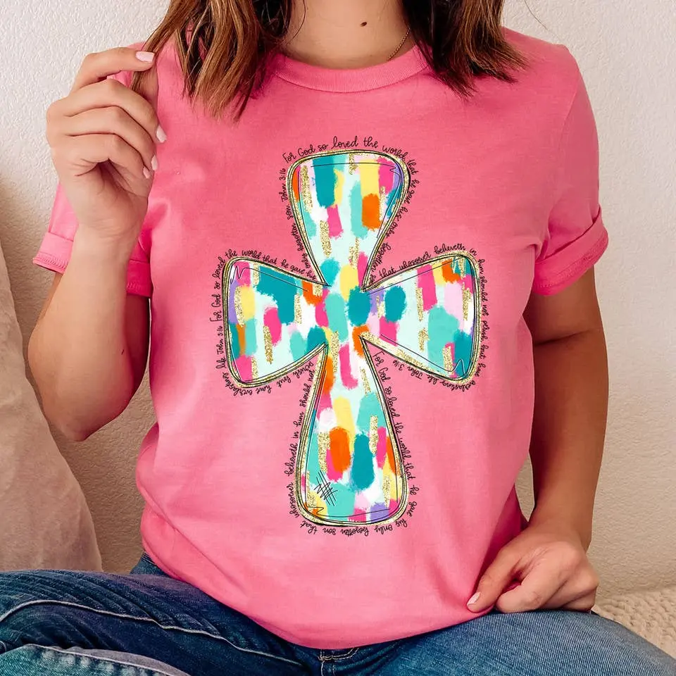 Trendy Transfers - For God So Loved The World Watercolor Cross DTF Transfer: Youth