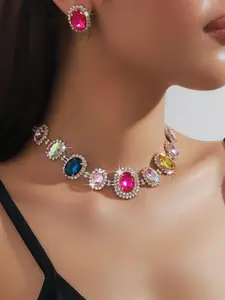 Women's Elegant Artificial Crystal Decorated Jewelry Set, Exquisite Trendy Necklace & Dangle Earrings, Chic Jewelry Set for Party & Daily Clothing Decor