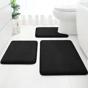 Upgraded Bathroom Rugs Set 3 Piece, Extra Thick Absorbent Soft Memory Foam, Washable Toilet Bath Mat (Black)