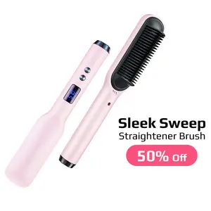 Sleek Sweep Hair Straightener Brush Straightening Comb for Glass Hair, Sleek Straight, Frizz‑Free Daily Styling | Fast Heating Ionic Ceramic Straightener Brush with 5 Heat Settings, Auto Shut‑Off, Anti‑Scald, Dual Voltage  hair  brush Pink Smooth tiktoksh