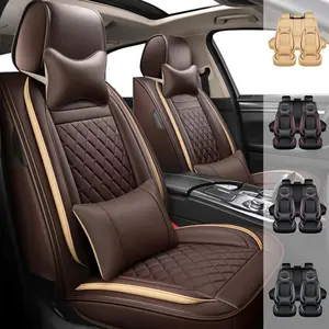 Universal Car Seat Covers Full Set Premium Breathable PU Leather Front Rear Cushion Protectors with Headrest & Lumbar Pillow Airbag Compatible Full Coverage Automotive Interior Accessories Fit For SUV/Truck/Sedan, Easy Install & 5 Color Options