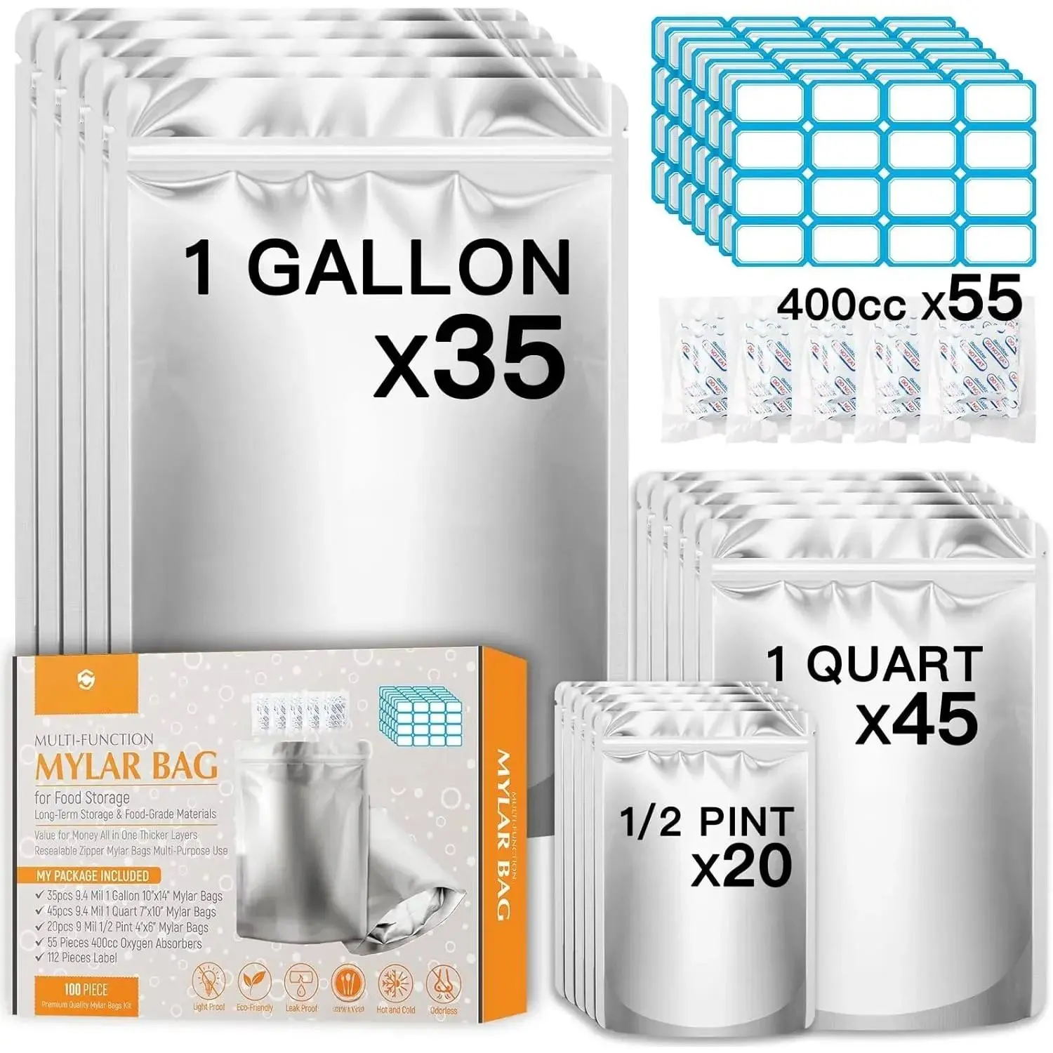 100PCS Mylar Bags with 400cc Oxygen Absorbers, 11.8 Mil Thicker Long Term Food Storage Bag, 1 Gallon 10x14 6x9 4x6 Stand-up Zipper Resealable Heat Sealable for Airtight Smell Proof Packaging