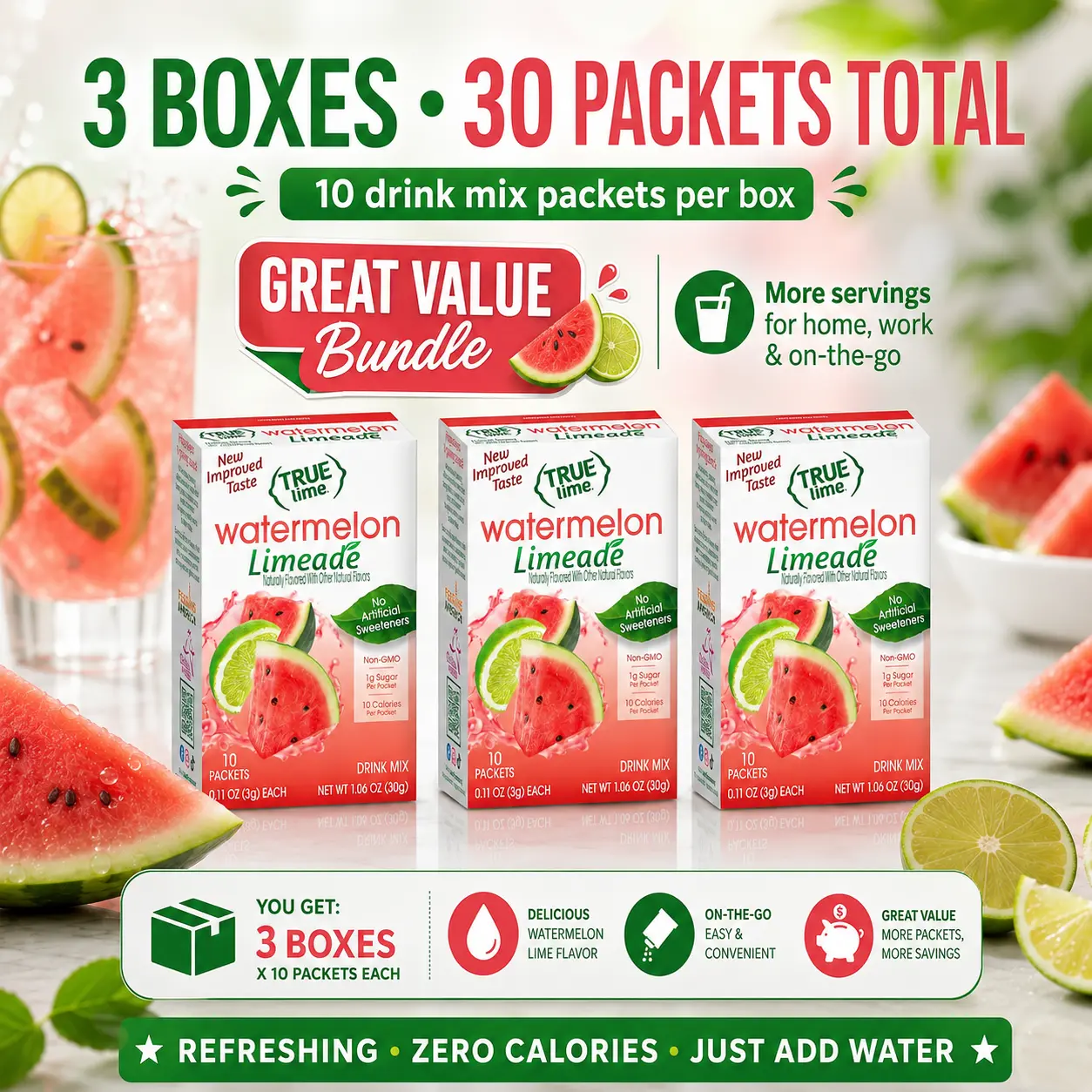 True Lime Watermelon Fruit Juice Drink, 10-Count Pack (3 Total Packs), Drinks
