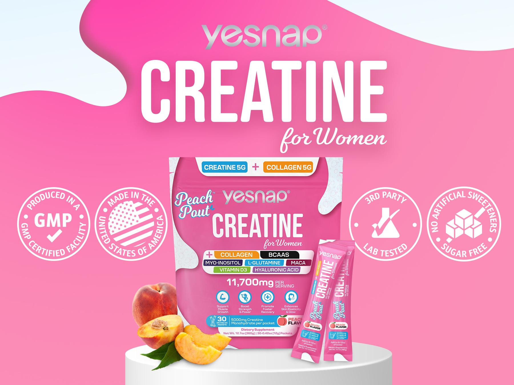 YESNAP PeachPout Creatine for Women, 5g Creatine Monohydrate + 5g Collagen Powder, Myo-Inositol & BCAA, MACA, Hyaluronic Acid, Delicious Peach Flavor, 30 Packets, All-in-One Women Wellness Supplement