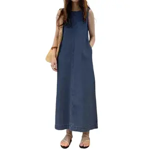 Women's Sleeveless Denim Long Dress Fashionable Round Neck Sleeveless Pocket Denim Skirt Loose Vest Denim Long Dress