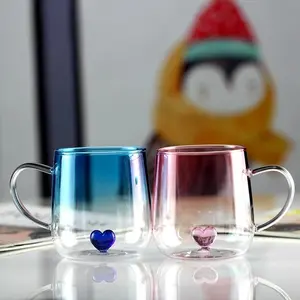 Gradient Colored Love Glass Cup Couple Breakfast Milk Cups Transparent Drinking Glasses for Juice Iced Coffee Mugs Drinkware Glass Water Cup