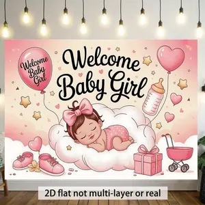 2D Flat, 1pc Welcome Baby Girl Illustration Polyester Banner - Pink & White Youngsters Shower Decor with Heart Balloons, Stroller & Gift Box Design, Perfect for Family Parties, Weddings, Birthd