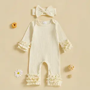 Afunbaby Preemie Girl Romper Solid Color Ribbed Ruffled Long Sleeve Crew Neck Full Length Jumpsuit with Bow Headband