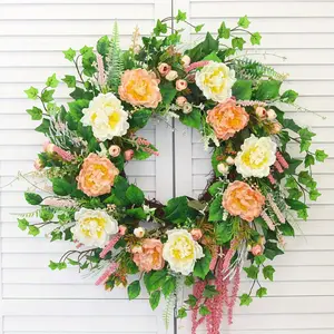 26 Inch Spring Wreaths for Front Door, Seasonal Wreath, Large Peony Flower Summer Door Wreaths with Green Leaves, Artificial Decor Decorations for Outdoor, Indoors, Valentine, Wedding Decorative Fruit birthday decorations wedding stuff