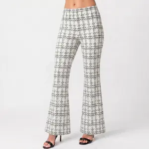 Women's elegant houndstooth  high-waisted flared trousers, professional office  checkered print pants