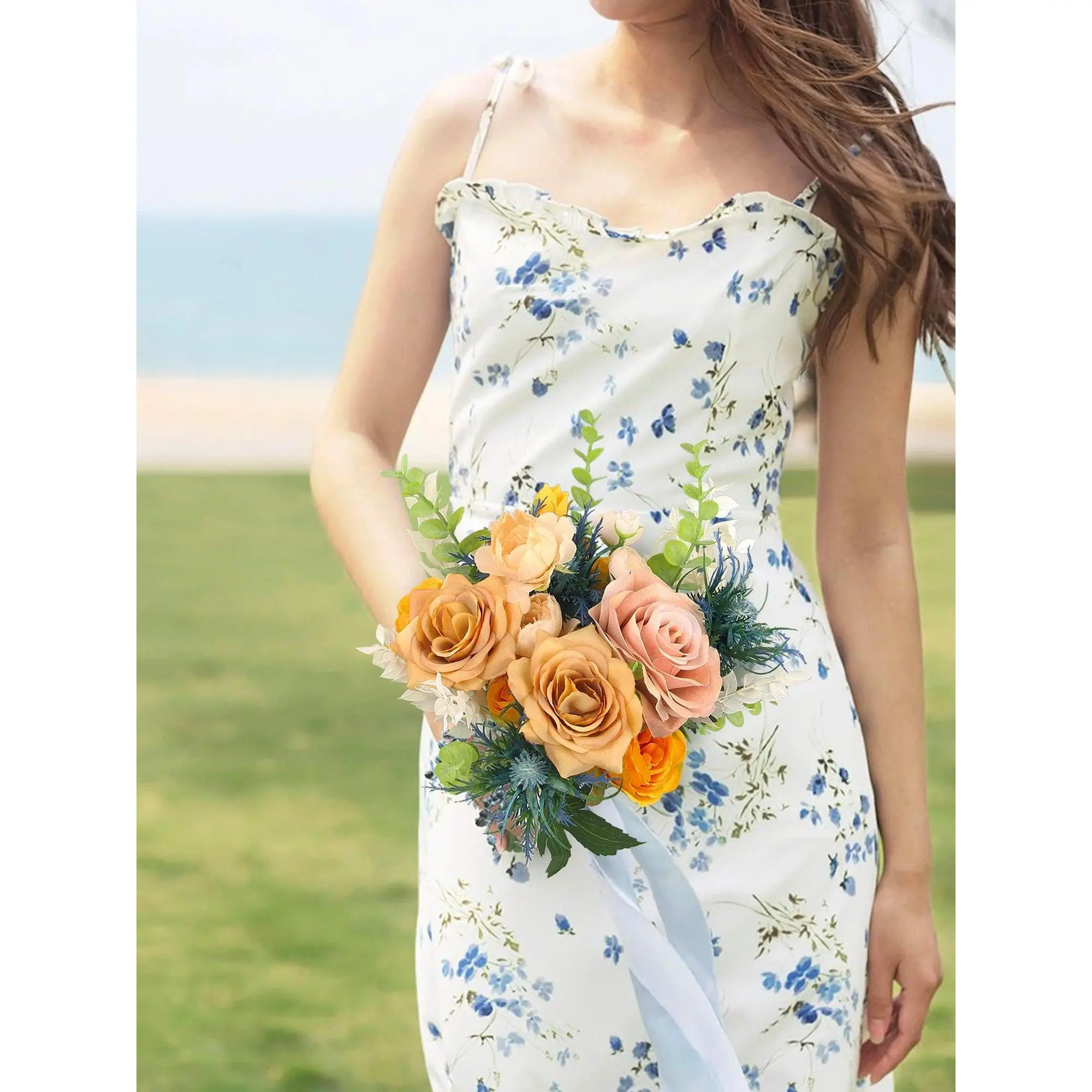 Rinlong 9.4 in Silk Apricot & Blue Ranunculus Bridesmaid Bouquet with Green Eucalyptus Leaves, Dried Ruscus, Thistle - All Seasons Romantic Wedding Supply, Festive Party Decor Accent, Flowers (May Arrive a Bit Deformed)