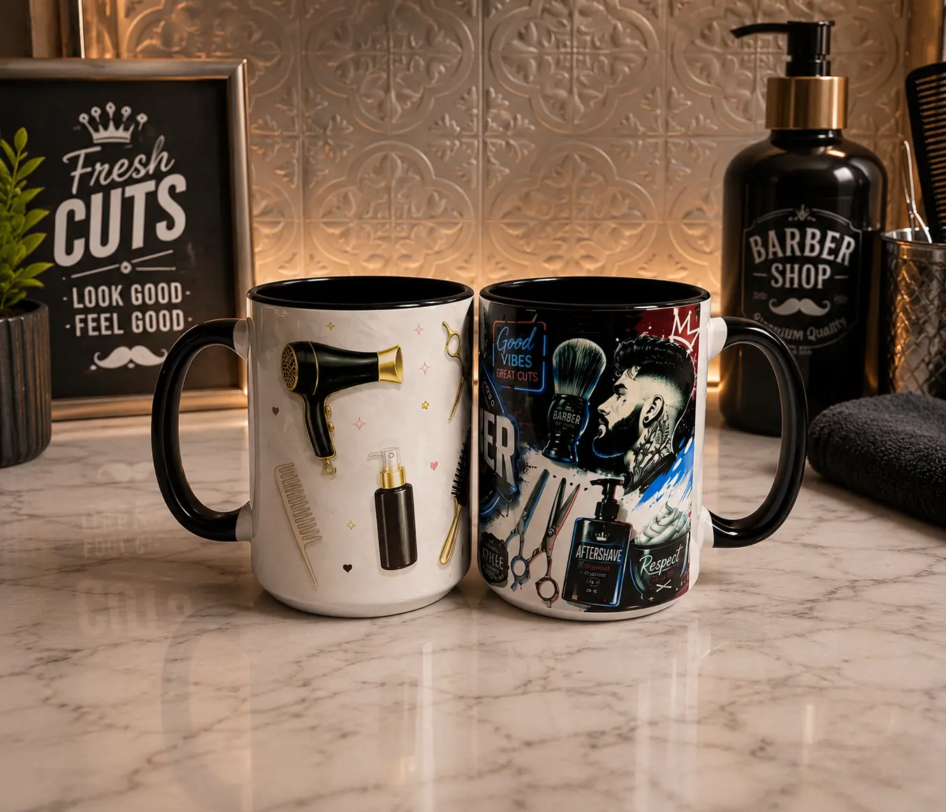 NORELD Barber Shop Mug Set of 2, 15oz Ceramic Coffee Mugs, Barber and Hair Stylist Gift, Black Handle Cups
