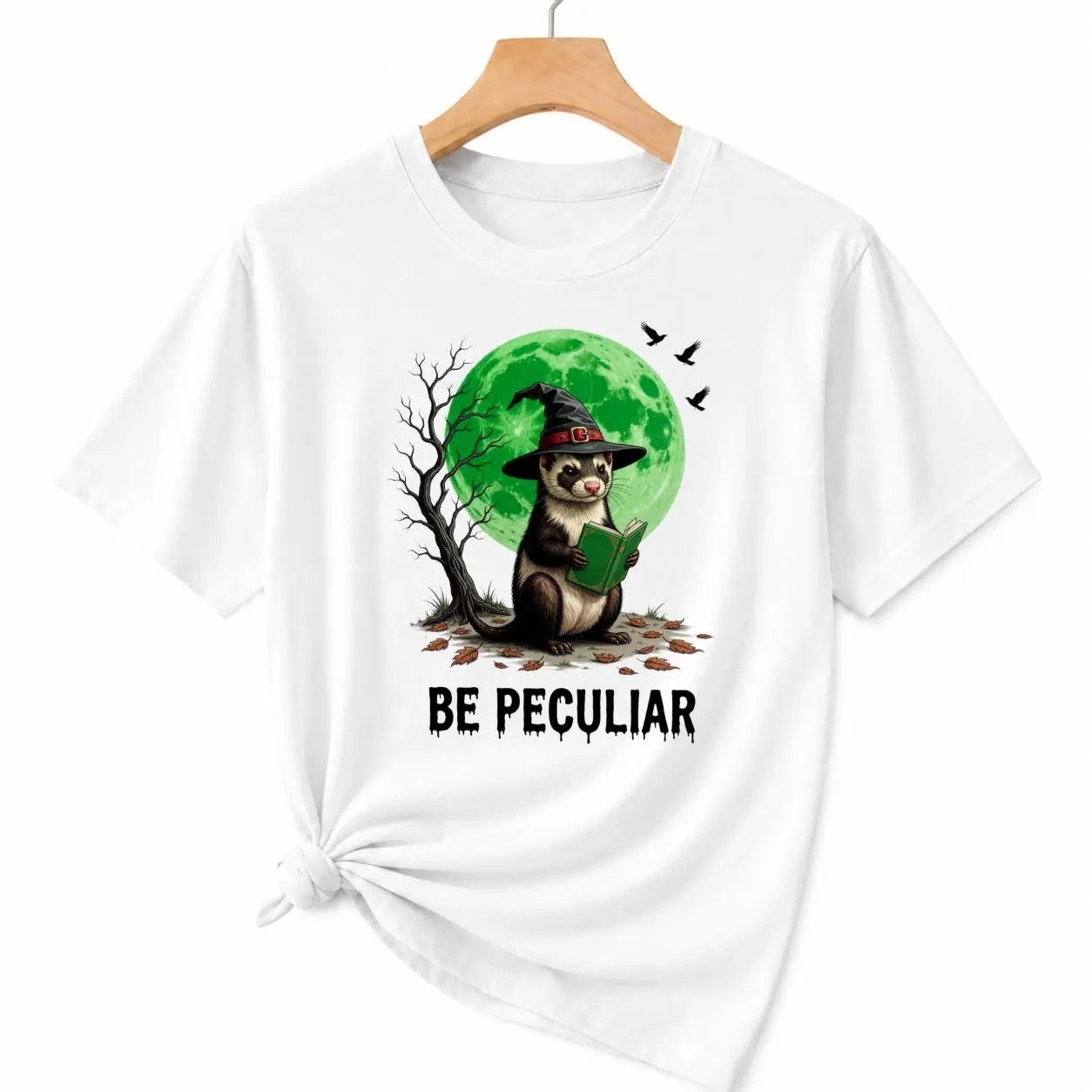 CARPESUN Halloween Cute Ferret Witch Moon Graphic Tee Soft Breathable Cotton Unisex Casual Wear Funny Animal Lover Gift