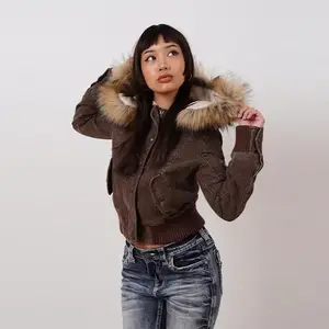 Vintage Brown Short Hooded Jacket Women's Full Sleeve Slim Detachable Fur Collar 2025 NEW Winter  Autumn Female Outerwear
