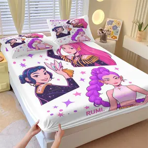 K-Pop Anime Print Fitted Sheet Set, 1 Mattress Cover & 2 Coreless Pillowcases, Fashionable Girl Group and Star Magic Element Bedding, Soft Breathable Fabric, Ideal for Bedroom and Dormitory Use