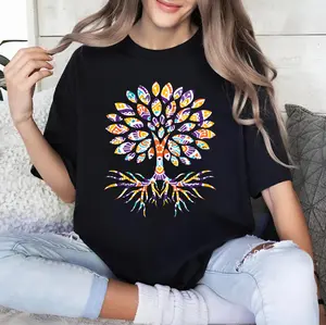 Tree of Life Mandala Black Meditation T-Shirt, Yoga Gift Short Sleeve Tee, Sacred Geometry Graphic Shirt, Zen Spiritual Minimalist Top