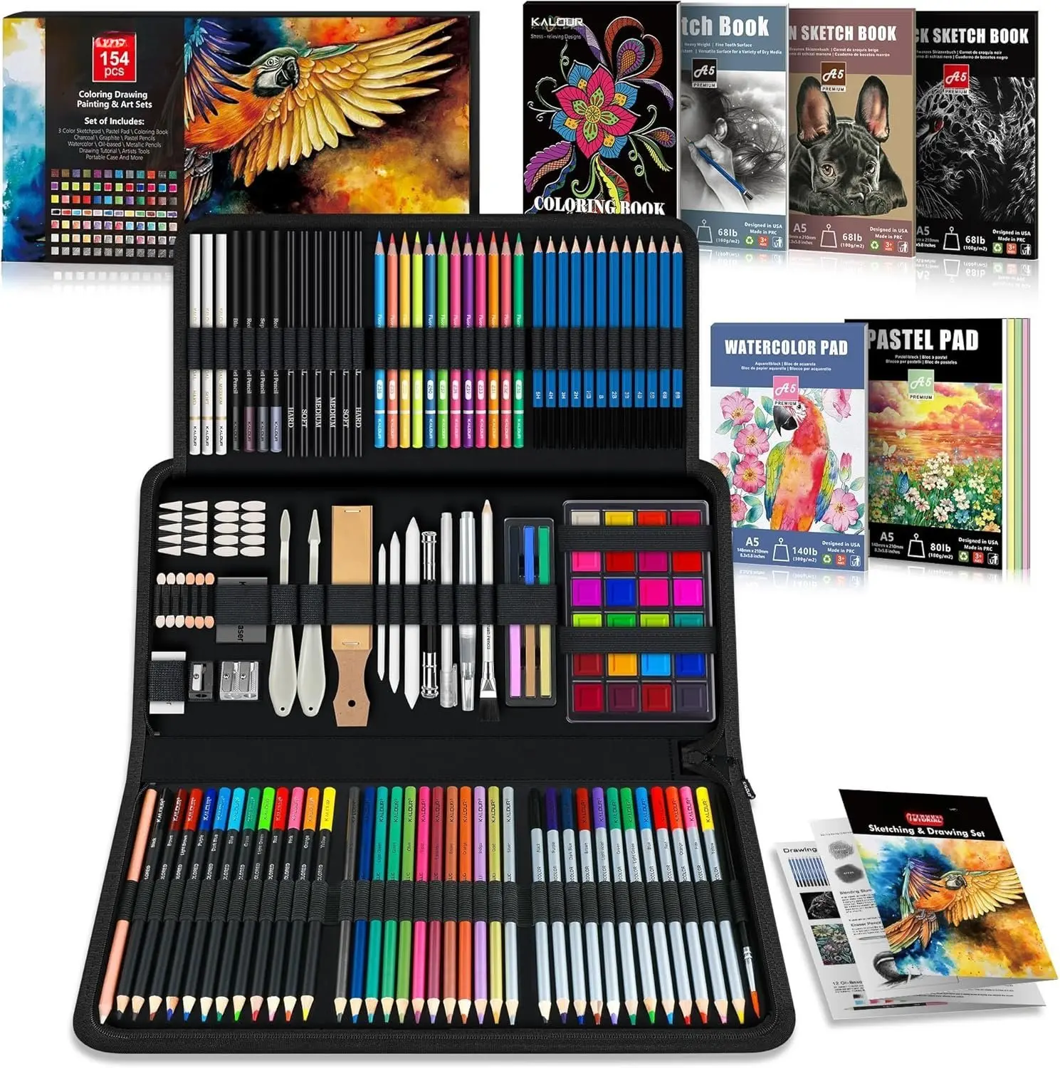 154-Count Creative Art Materials Variety Pack - Drawing Kit with 6 Sketchbooks, Tutorial, Coloring Paper, Graphite, Colored, Black Charcoal, Watercolor, Metallic Pencils for Artists, Beginners, Artist Bundle