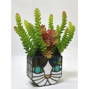 Tiffany Cute  Stained Glass Flower Pots,Indoor and Outdoor  Displays,  Planter,Candle Holder Container Decoration 4.6 x 5.15 x 2.3 inch(11.7 x 13.1 x 5.8 CM)(Without )Black