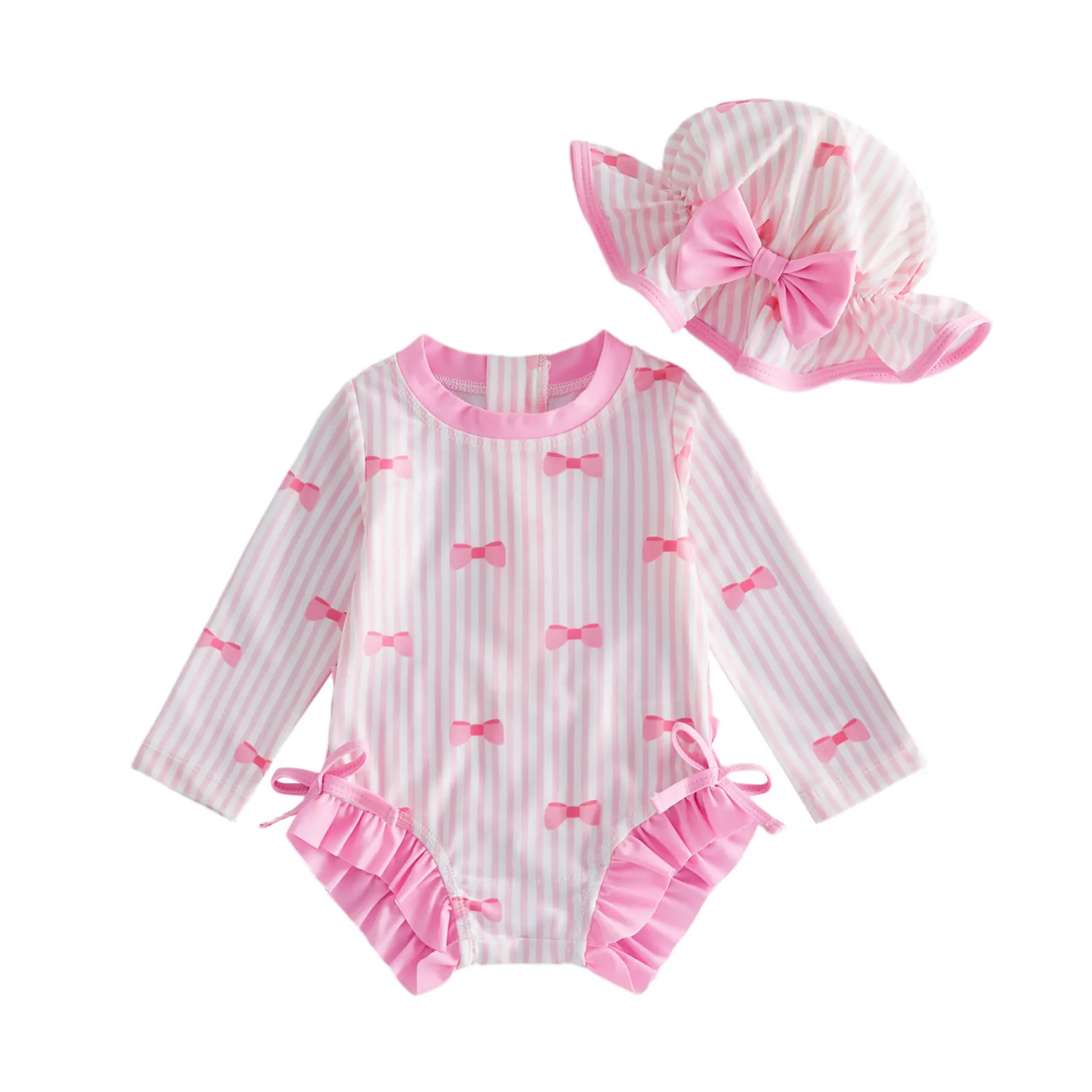 Babamoon 0-3 Years Kids Toddler Baby Girls 2-Pieces Rash Guard Swimsuit Set with Hat, Bow Trim, Striped Ruffled Trim, Long Sleeve for Summer Beach Bathing, Two-Pieces