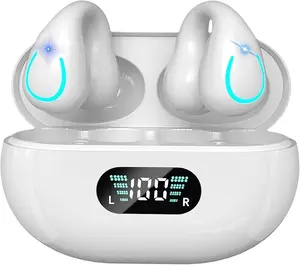Open Ear Bone Conduction Headphones Bluetooth 5.3 Wireless Open Clip Ear Earbuds Built-in Mic with Ear Hooks 60 Hours Playtime Sport Earphones IPX7 Waterproof for Fitness Running White Audio Stereo Button Charging Headset Multifunction Plug Silicone