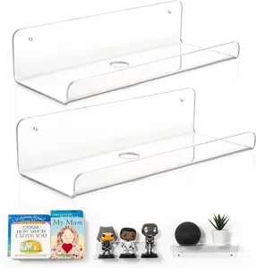 Clear Acrylic Wall Shelf Set of 2, 10" Floating Book Shelves for Wall, Display Floating Wall Shelves for Bathroom, Bedroom, Kitchen