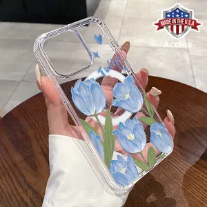 Clear Phone Case for iPhone 16 15 14 Pro Max 13 12 11 XR XS Plus E Canvas Blue Tulips Pattern Hard Acrylic Back Soft Silicone Edge Drop-Proof Lightweight Cell Phone Cover
