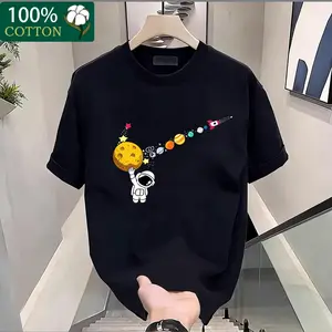 Men's fashion cotton graphic T-shirt featuring space planet elements, breathable and comfortable, machine washable, unisex design, perfect for summer casual wear.