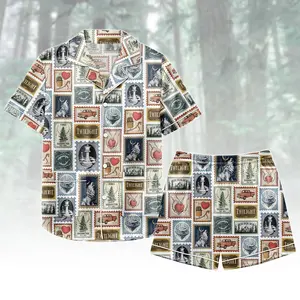 Twilight Stamp Pajama Set, Satin Button Up Shirt and Shorts PJs, Forks WA Vampire Romance Sleepwear, Cozy Gift For Her, Couples PJs