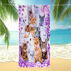 Adorable Cats & Floral Digital Print Beach Towel, Quick Dry Pool Towel, Multipurpose Camping Towel & Bath Towel Blanket, Perfect for Beach Pool Camping, Ideal Gift for Cat Enthusiasts