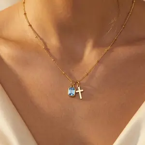 Turandoss Birthstone Cross Necklace for Teen Girls – 14K Gold Plated Christian Faith Pendant, Blue Green Emerald Birthstone Jewelry, Easter Birthday Gift, mothersdaygift,summeroutfits,vacationoutfits,beachoutfits