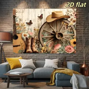 2D flat 1PC polyester material western cowboy style background cloth, retro country guitar cowboy boots wheel floral print banner background decoration, easy to care for, suitable for photography, birthday parties, country theme activities, indoor decorat