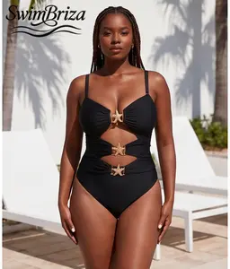 Briza｜Solid Black Cutout Push Up Monokini One Piece Swimsuit Gold Starfish Buckles Tummy Control Plus Size Swimwear Fancy Bathing Suit Vacation Summer Beach, Women's Swimwear, Bathing Suit for Women, Beach Pool Summer Vacation for Women