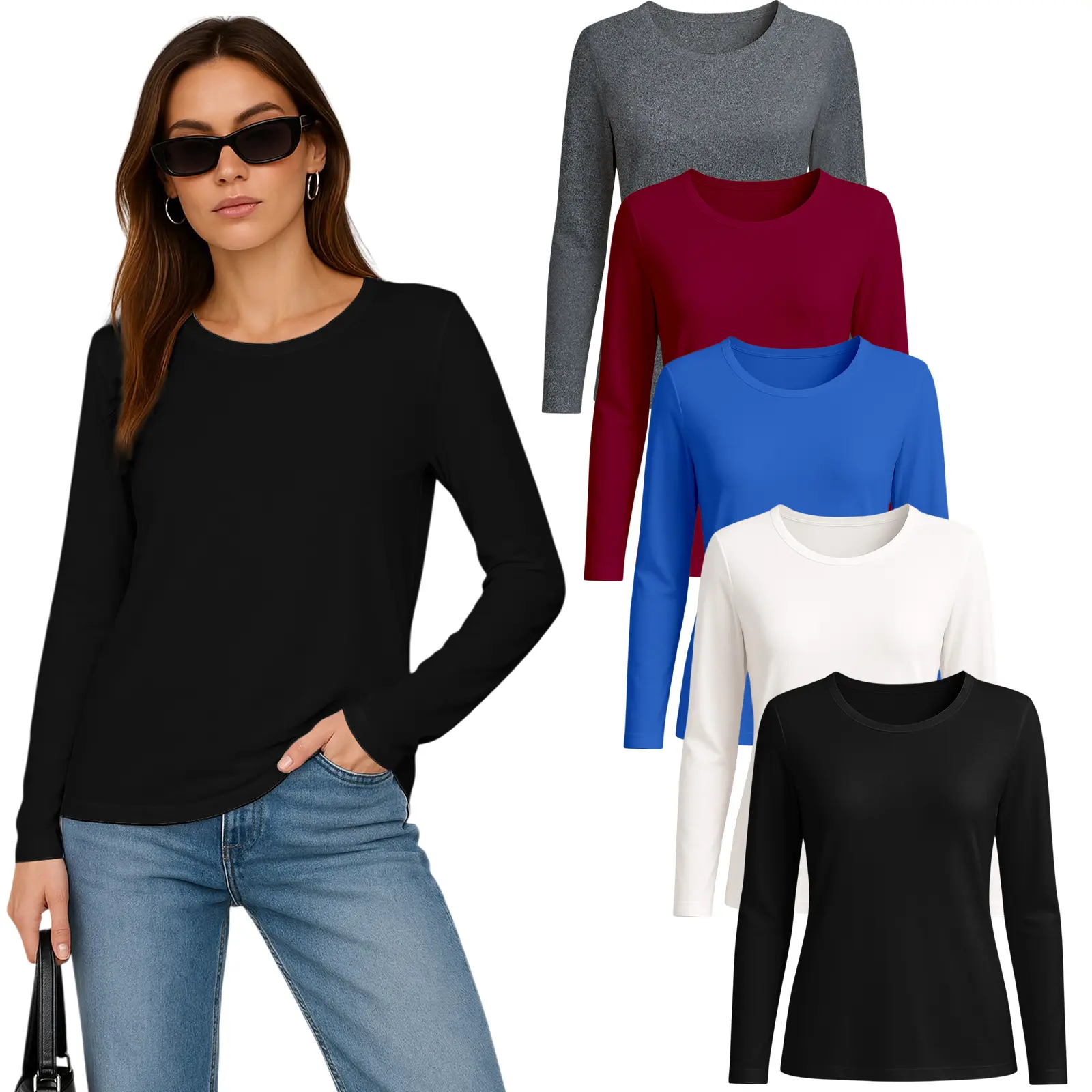 Women's 3-Piece Tops Set, Casual Loose Fit Layered Outfit with Long Sleeve Crew Neck T-Shirt, Vest, and Necklace for Everyday Wear