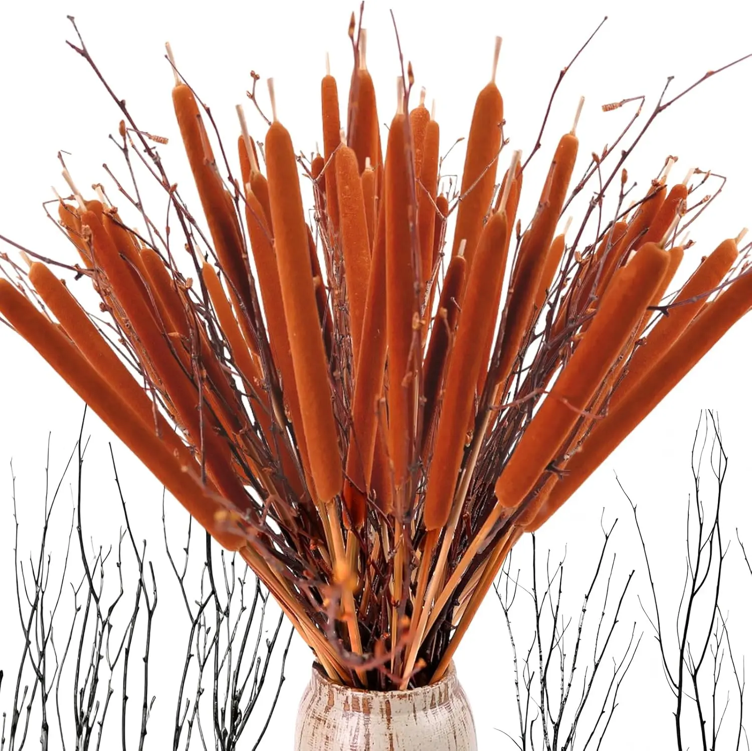 NortureFlora 50PCS Natural Dried Cattails & Birch Twigs - 17in Rustic Brown Stems & Branches with Natural Texture, Rustic Boho Vase Filler for DIY Floral Arrangements, Home Decor Craft Supplies, Rustic Boho Look
