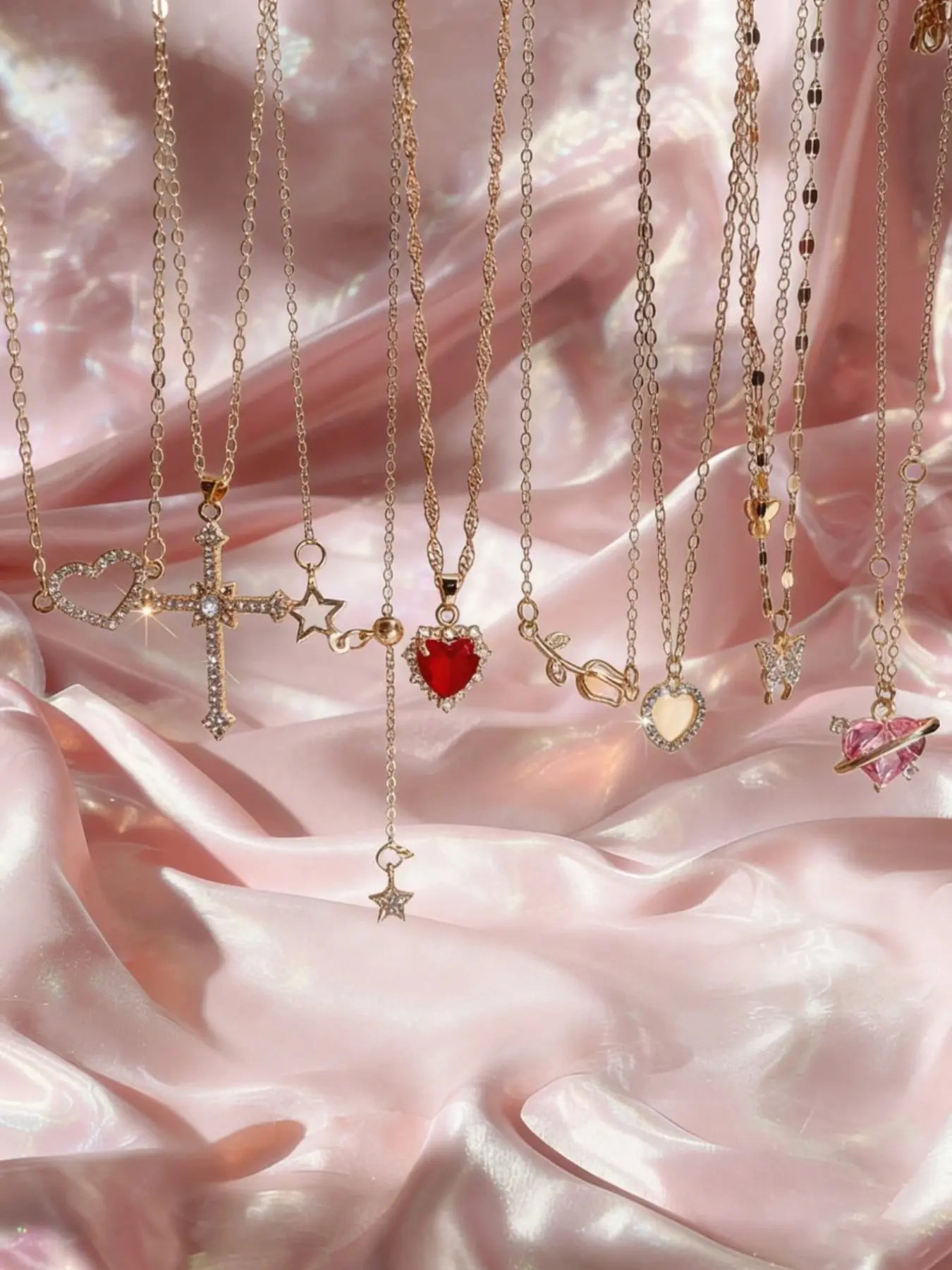 Women's Y2K Fashion Necklace Set, Necklace Stack, Heart-Shaped Faux Crystal Rhinestone Flower Pendant, Butterfly Star Fringe Design, Perfect Gift, Elegant Necklace, Decorative Necklace, Rhinestone Pendant Jewelry, Rhinestone Decorated Necklace