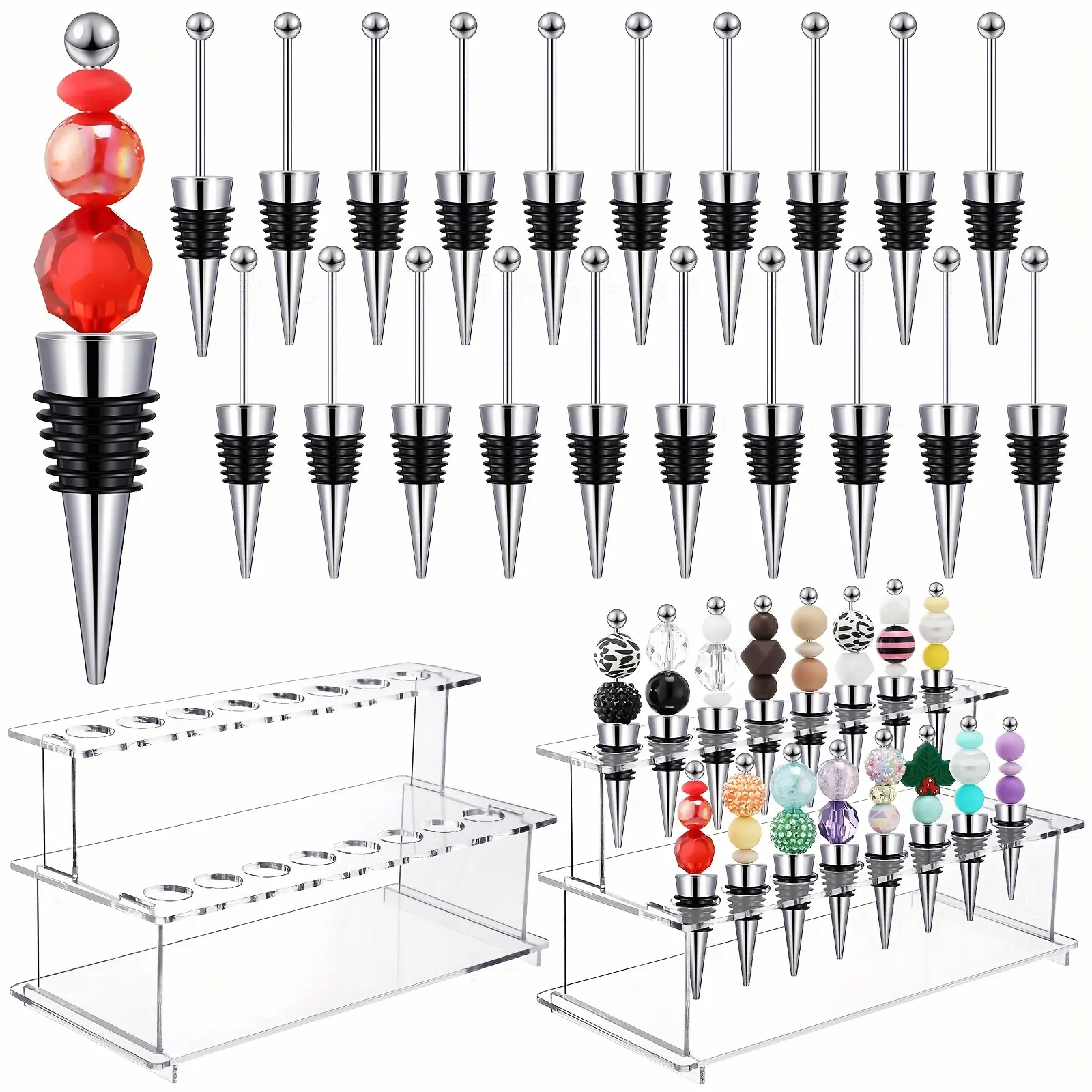 20pcs Beadable Wine Bottle Stoppers And 16 Slot Clear Acrylic 2 Tier Riser Wine Stopper Holder Wine Stopper Display Stand Rack for Countertop, 9.45''L X 4.72''H X 3.94''W