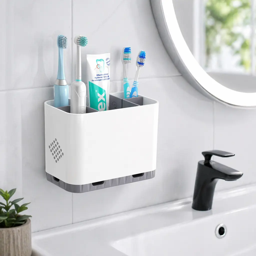 Modern Removable Wall-Mounted 5-Slot Set, Bathroom Countertop Storage for Kids’ Electric Toothbrushes and Toothpaste, Toothbrush Holders for Bathrooms, Removable Wall-Mounted Toothbrush Holders